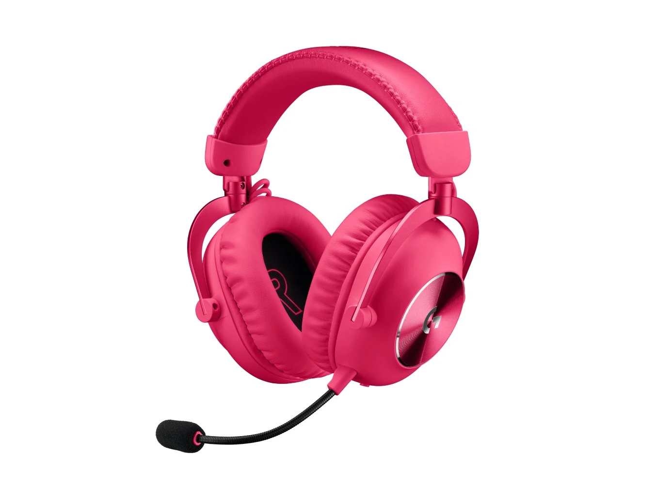 A bright pink gaming headset with a microphone, viewed from the side.