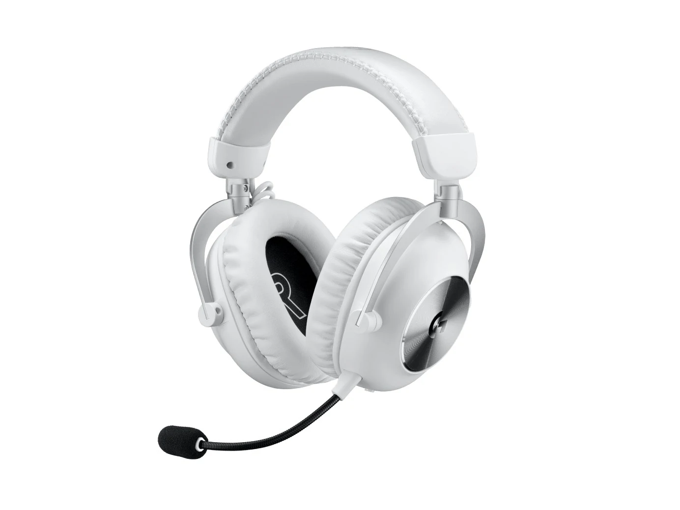 A white Logitech G Pro X 2 Lightspeed headset with a microphone, shown in a three-quarter view.