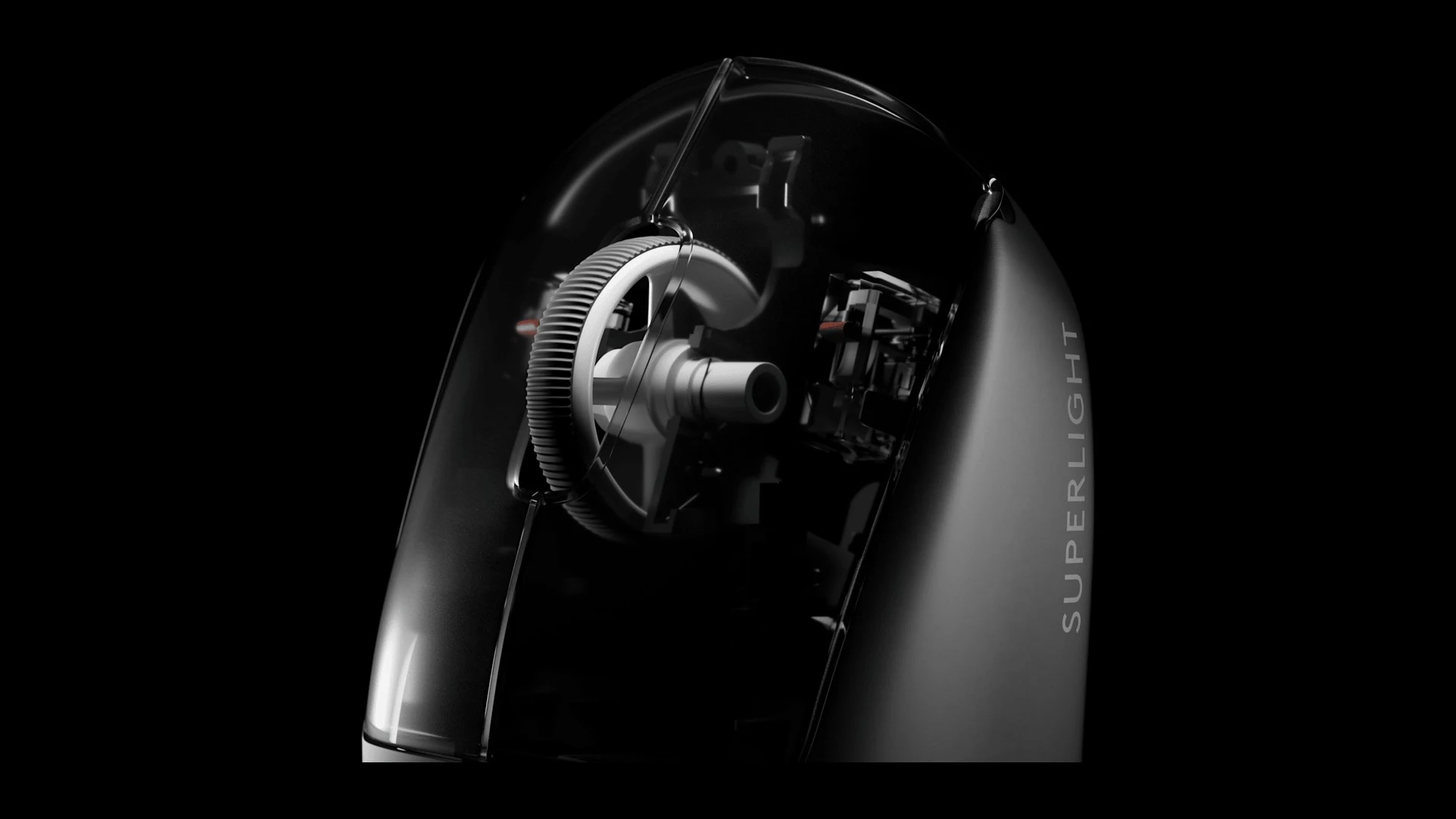 A black Logitech G PRO X Superlight 2 mouse photographed from a side profile, showcasing its internal components and the 'SUPERLIGHT' text on the side.