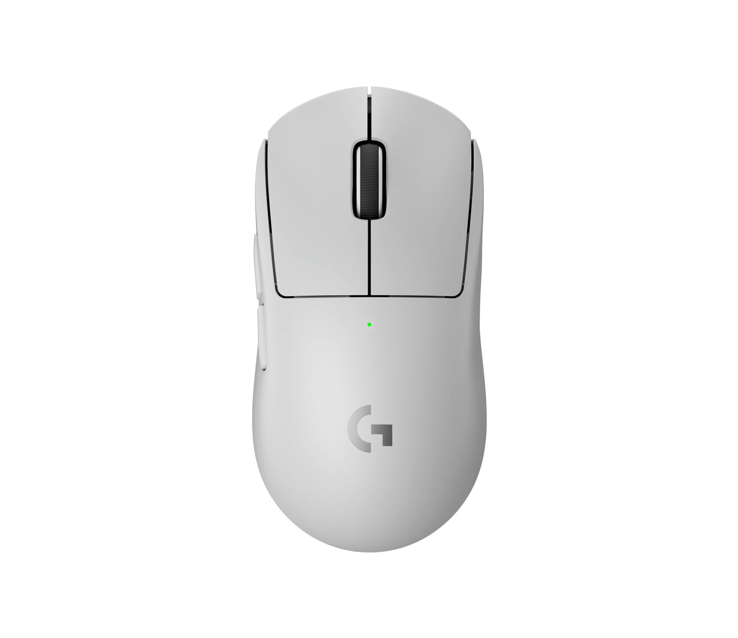 A white Logitech G PRO X Superlight 2 mouse viewed from a three-quarter angle, highlighting its sleek design and textured scroll wheel.