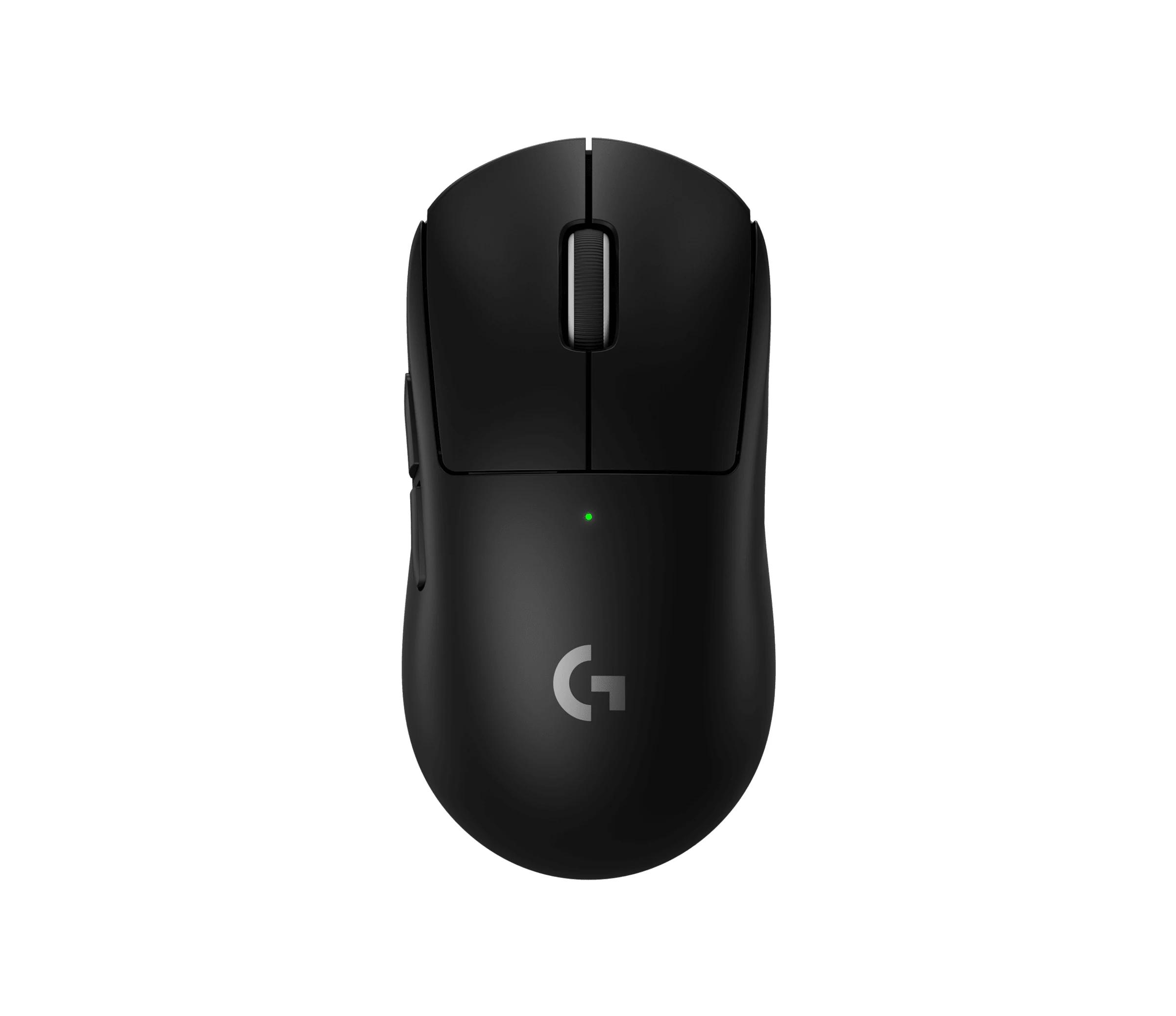 A black Logitech G PRO X Superlight 2 mouse viewed from a three-quarter angle, highlighting its ergonomic design and green LED light.