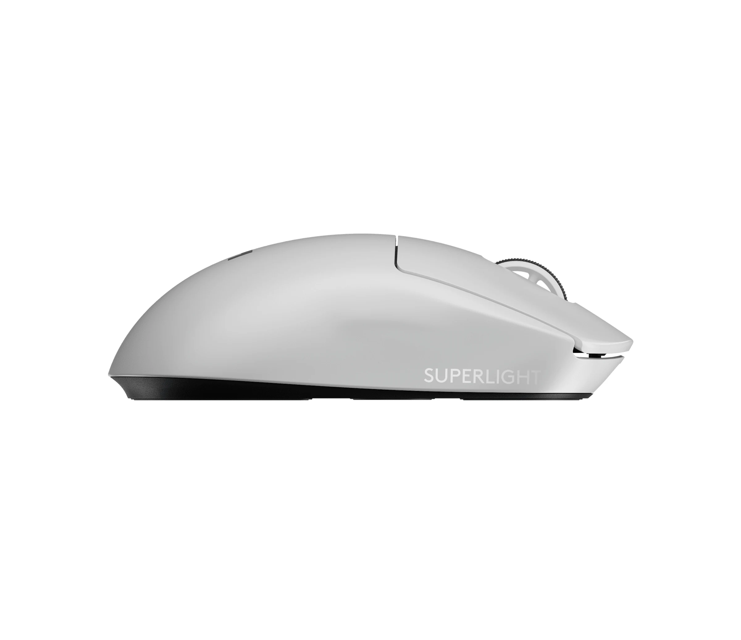 A white Logitech G PRO X Superlight 2 mouse photographed from a side profile.