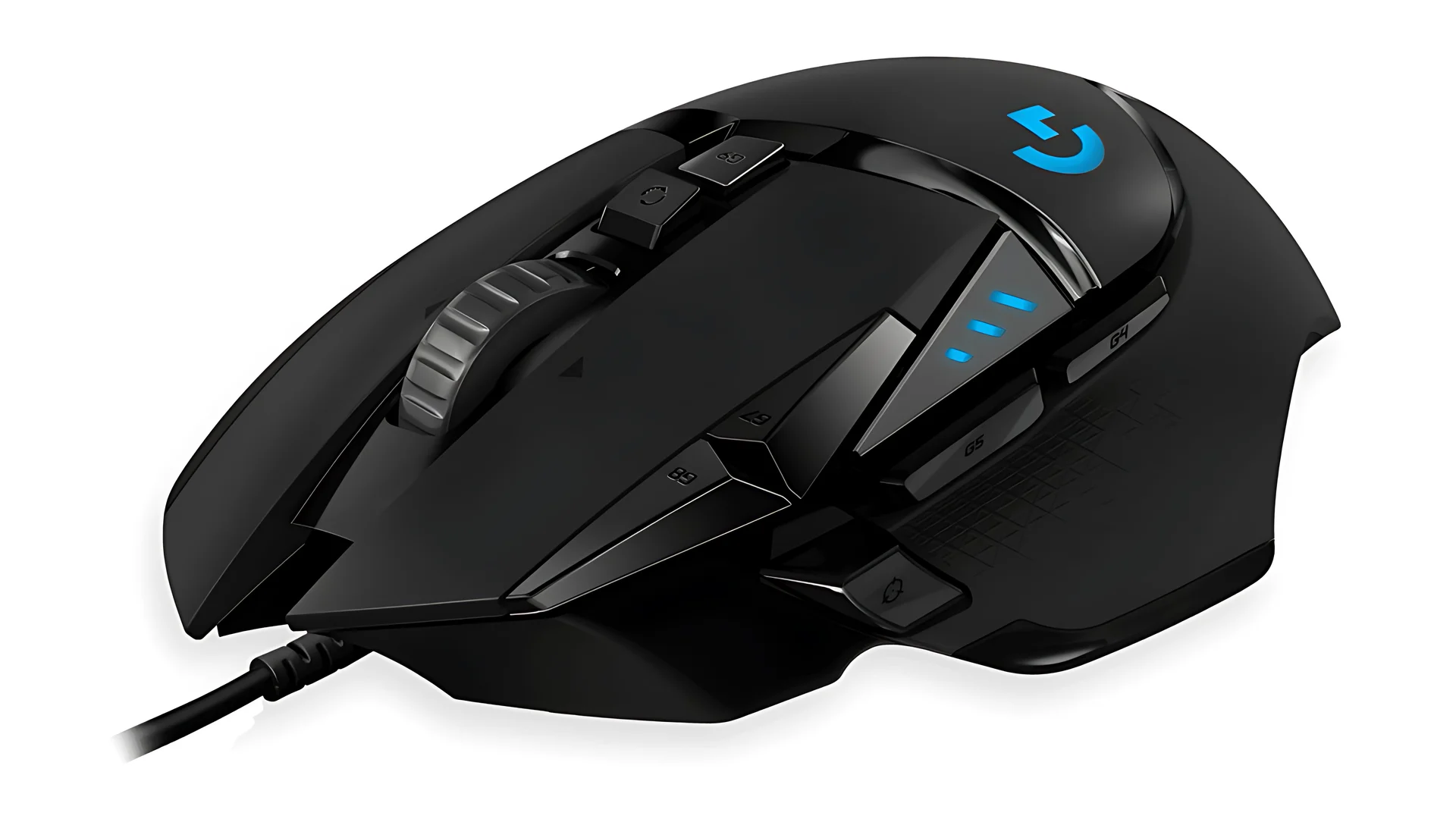 A black Logitech G502 Hero mouse with a blue illuminated logo, viewed from the side.