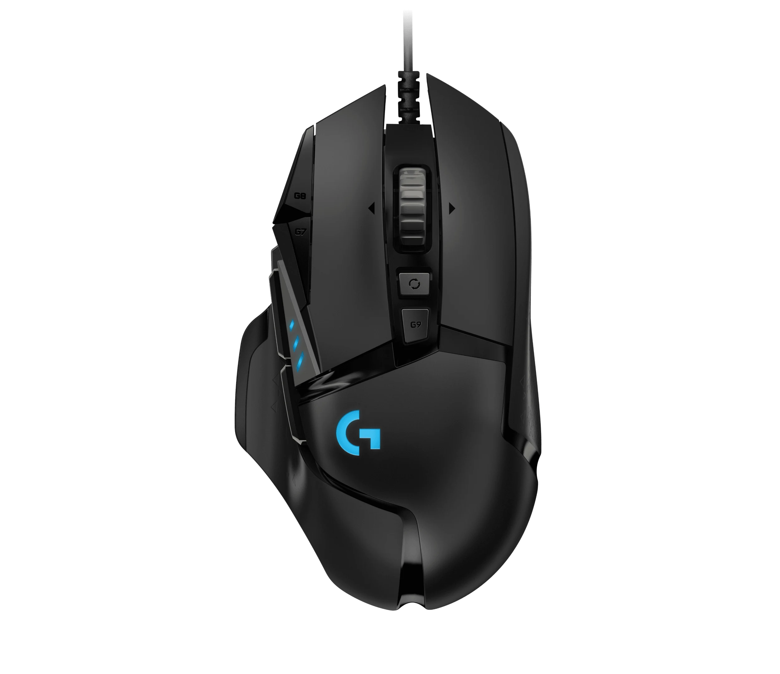 The Logitech G502 Hero mouse is shown in a three-quarter view, highlighting its textured surface and illuminated buttons.