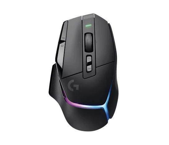 The Logitech G502 X Plus is shown in a side profile view, featuring a black finish with illuminated RGB lighting on the scroll wheel and bottom.