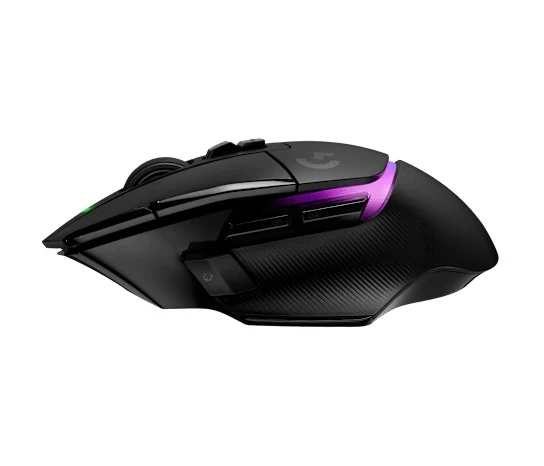 The Logitech G502 X Plus is shown in a side profile, featuring a black finish with purple accents and visible buttons.