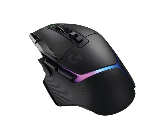 The Logitech G502 X Plus is shown in a side profile with a textured finish and illuminated RGB lighting on the scroll wheel.