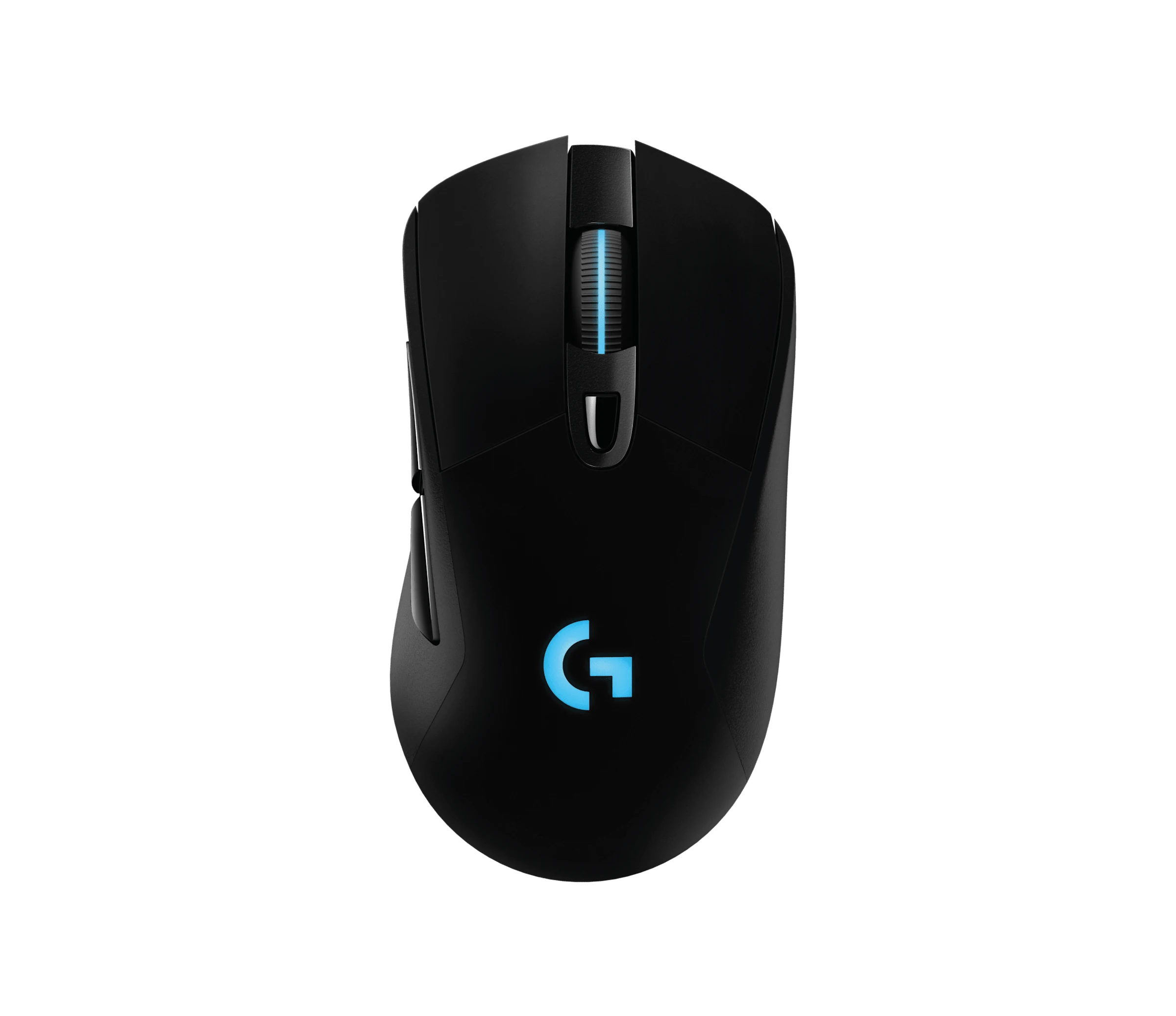 The Logitech G703 Lightspeed Wireless Gaming Mouse is shown in a side profile, highlighting its sleek black design and illuminated blue 'G' logo.