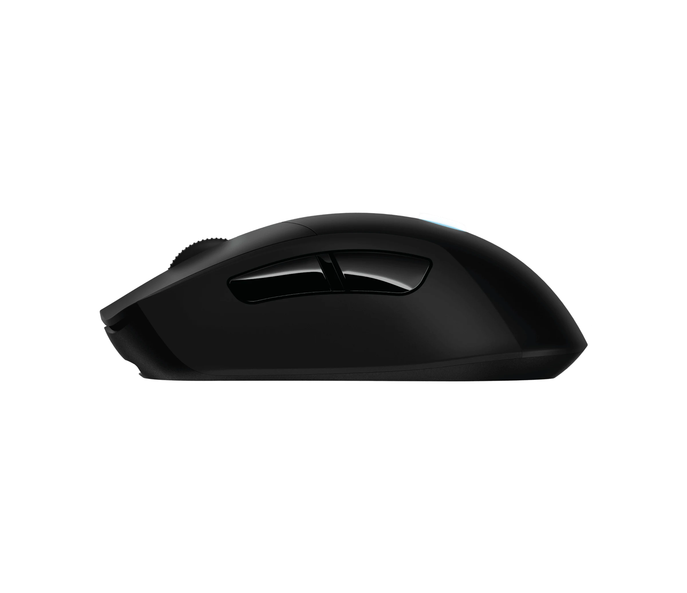 The Logitech G703 Lightspeed Wireless Gaming Mouse is shown in a side profile, highlighting its sleek black finish and ergonomic design.