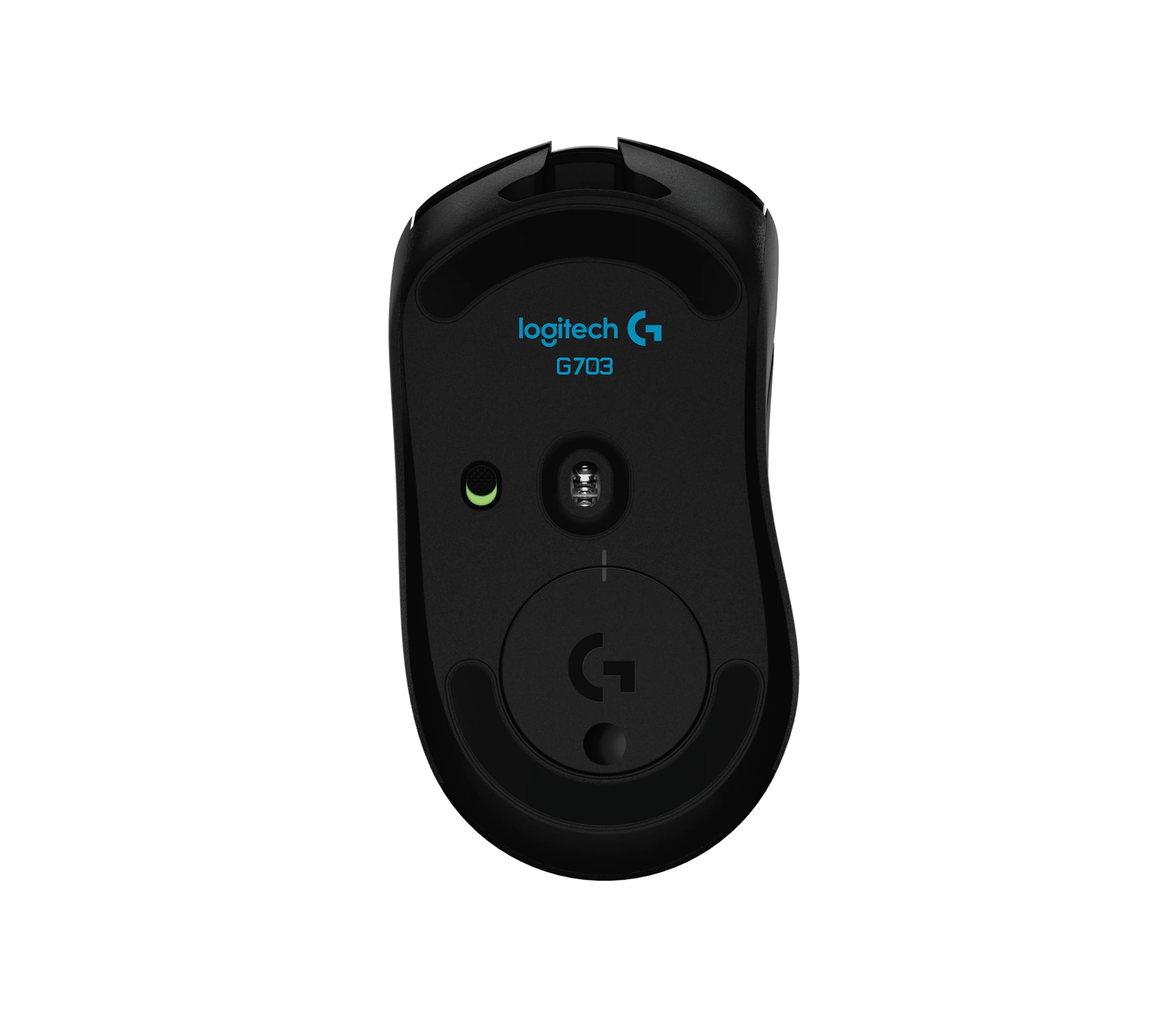 The Logitech G703 Lightspeed Wireless Gaming Mouse is shown from a top-down perspective, highlighting its underside with visible buttons and a green light.