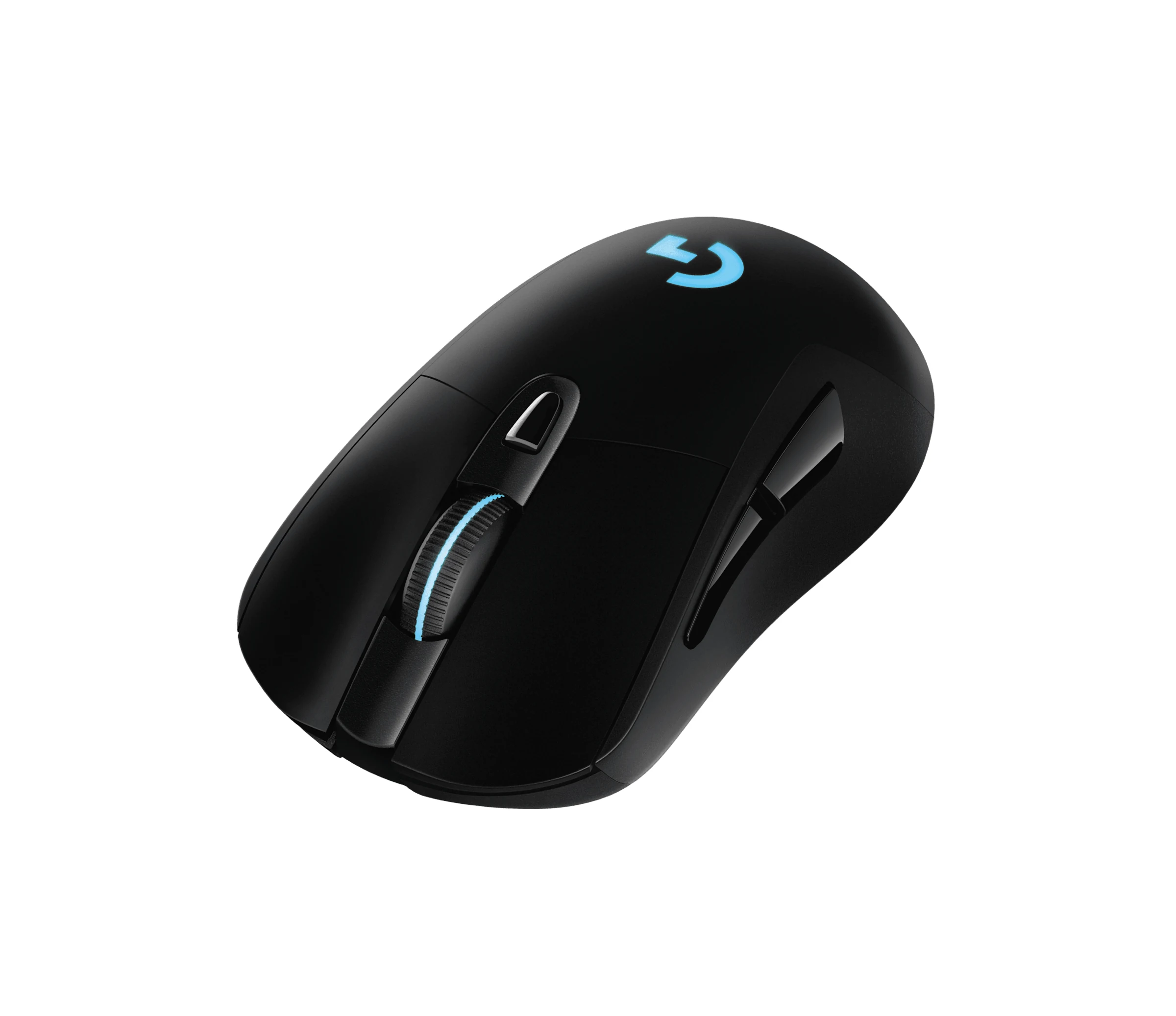 The Logitech G703 Lightspeed Wireless Gaming Mouse is shown in a three-quarter angle, highlighting its sleek black finish and illuminated blue scroll wheel.
