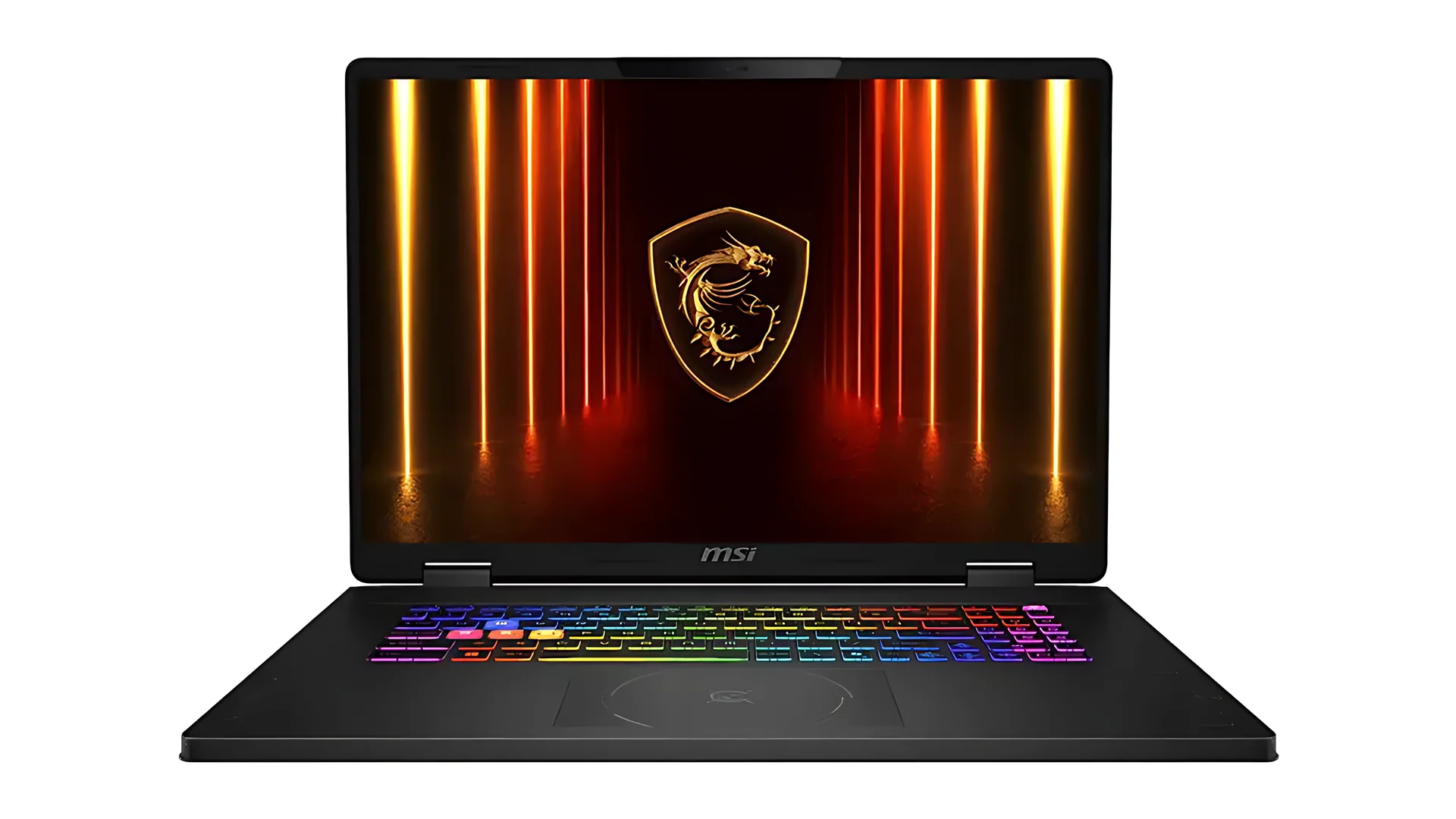A MSI gaming laptop with a black finish, viewed from the front at an angle, featuring a backlit keyboard and the MSI logo on the screen.