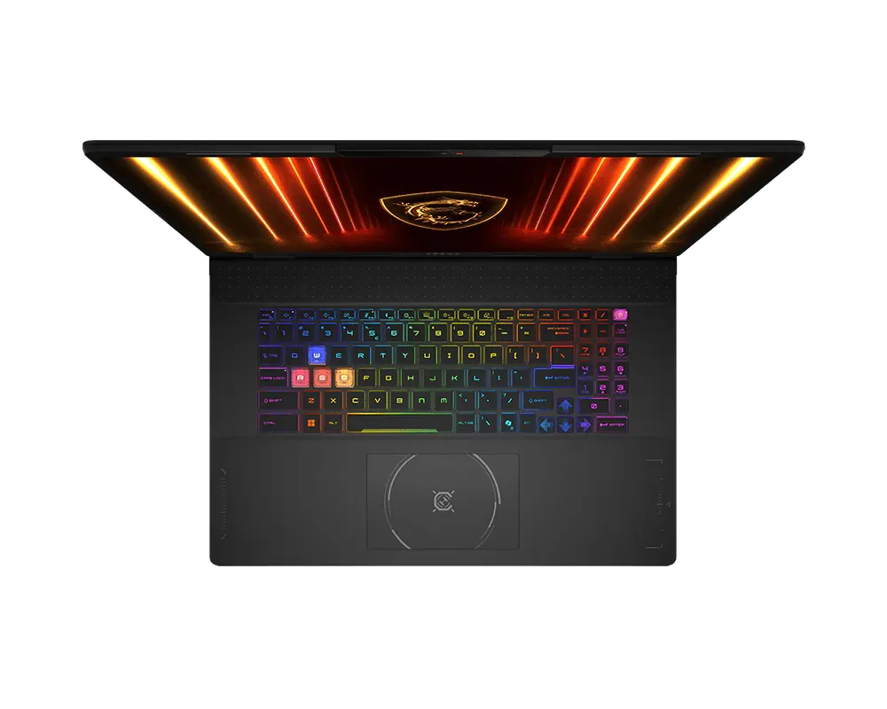 The MSI Crosshair 18 HX AI gaming laptop is shown in a top-down view with its backlit keyboard and illuminated logo prominently displayed.