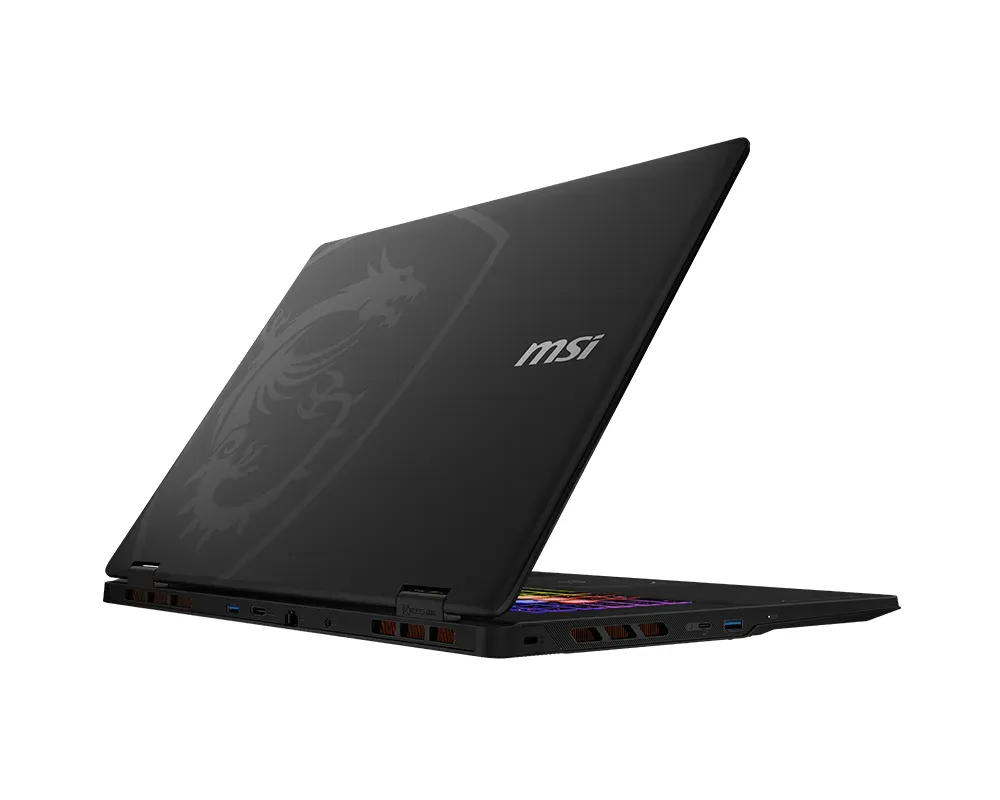 The MSI Crosshair 18 HX AI gaming laptop is shown from a rear angle, highlighting its black finish and the dragon logo on the back.