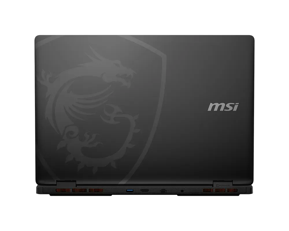 The MSI Crosshair 18 HX AI is photographed from behind, showcasing its black finish with a dragon logo and various ports visible at the bottom.