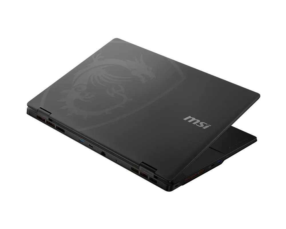 The MSI Crosshair 18 HX AI is shown from a rear angle, highlighting its ports and the dragon logo on the back.