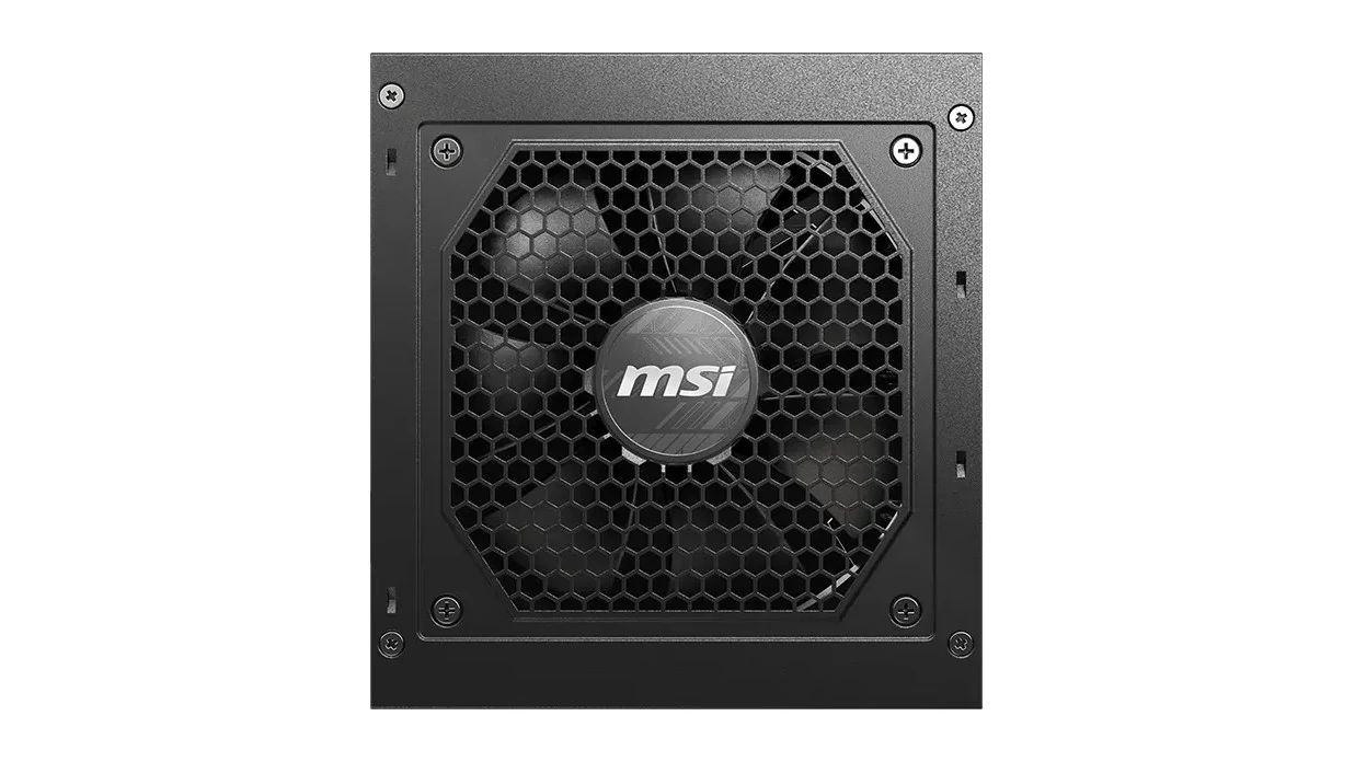 A black power supply unit with a hexagonal grille and an MSI logo in the center, photographed from above.