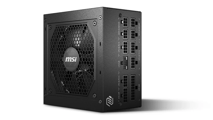 The MSI MAG A750GL PCIE5 power supply is shown in a three-quarter angle, highlighting its front and side ports against a black background.