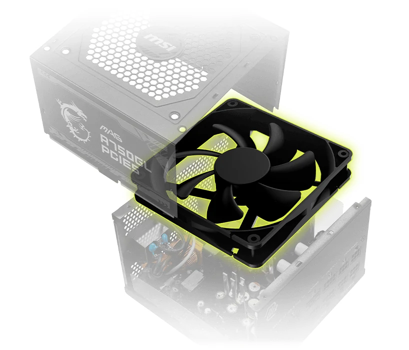 The MSI MAG A750GL PCIE5 power supply is shown in a three-quarter angle, highlighting its front and side panels with visible cooling fan and ports.