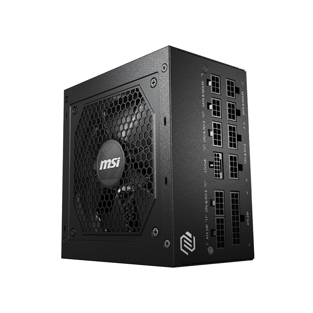 The MSI MAG A750GL PCIE5 power supply is shown in a three-quarter angle, highlighting its ports and the honeycomb design on the front.