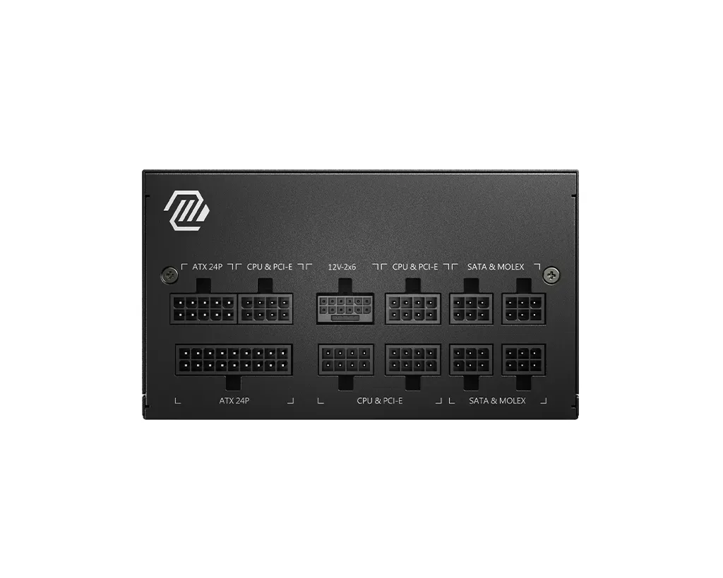 The back panel of a black power supply unit with multiple connector ports labeled for ATX, CPU & PCI-E, and SATA & MOLEX.