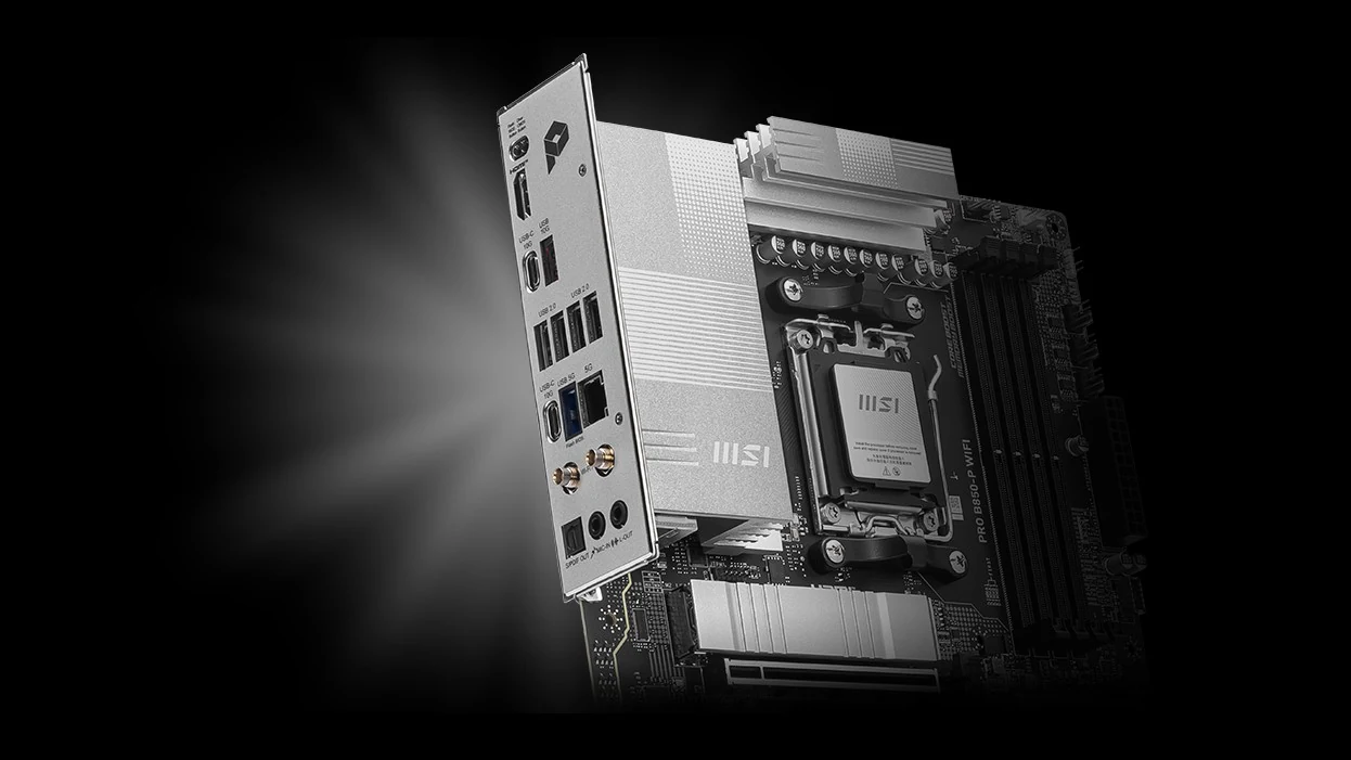 The MSI PRO B850-P WiFi motherboard is shown in a three-quarter angle, highlighting its ports and cooling fins.