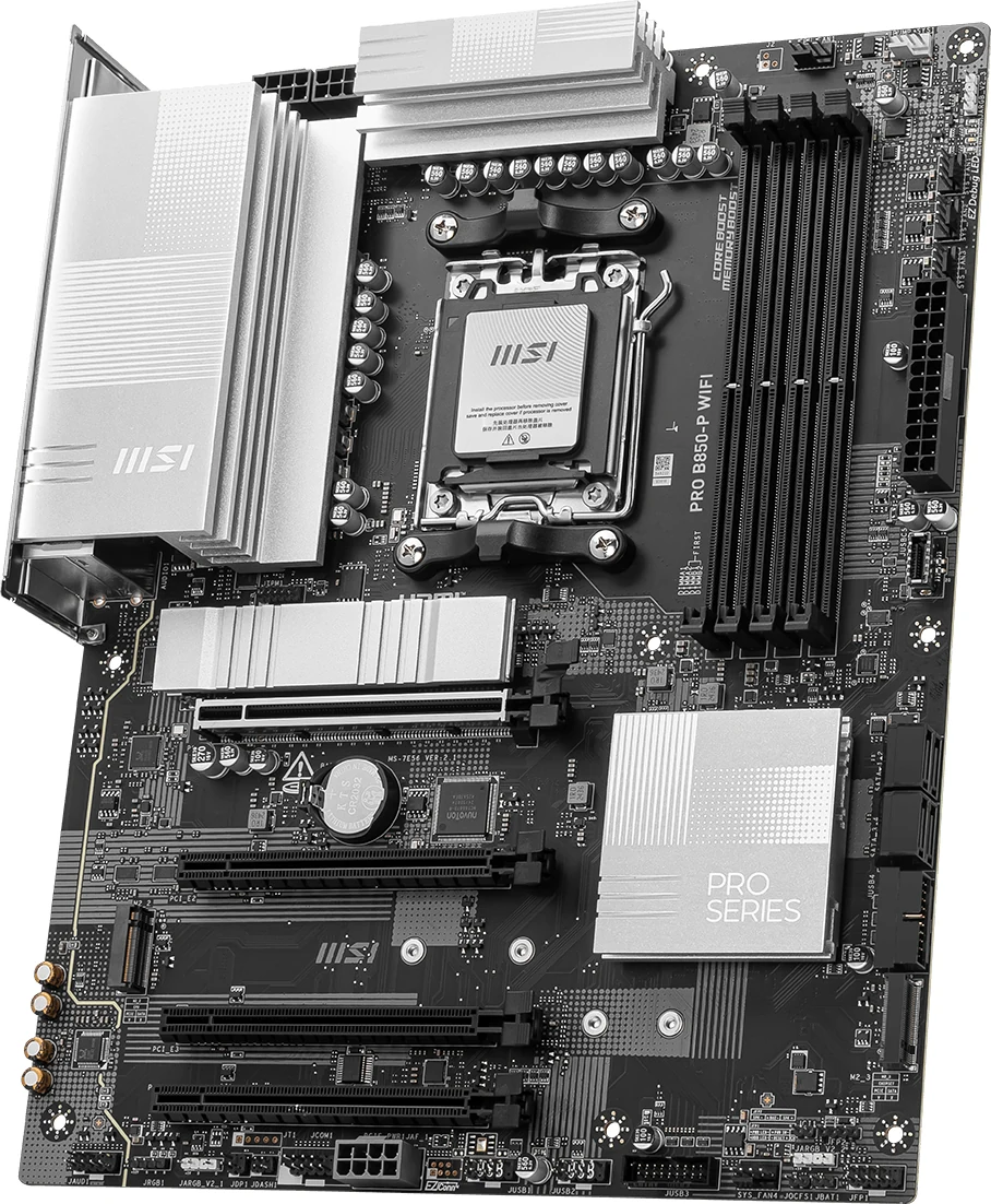 The MSI PRO B850-P WiFi motherboard is shown from a top-down angle, highlighting its components and design.
