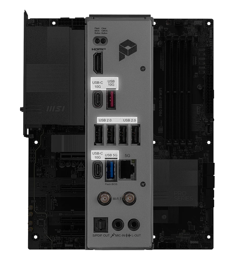 The image shows the rear panel of an MSI motherboard, focusing on various ports and connectors.