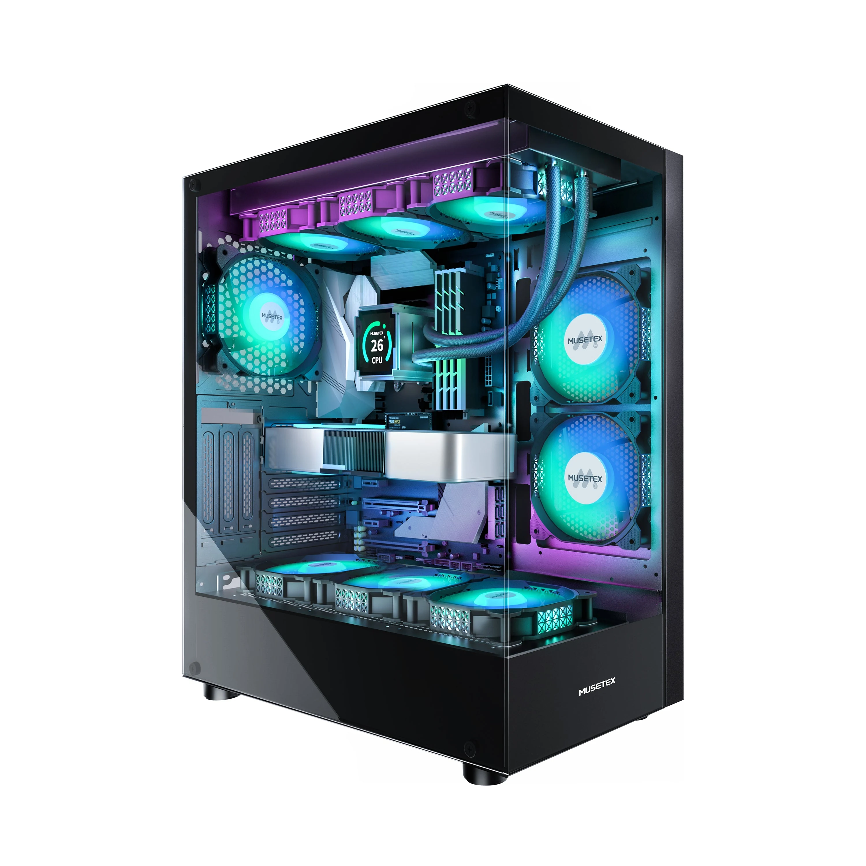 The image shows a black computer case with transparent side panels, revealing internal components and cooling fans illuminated in various colors.