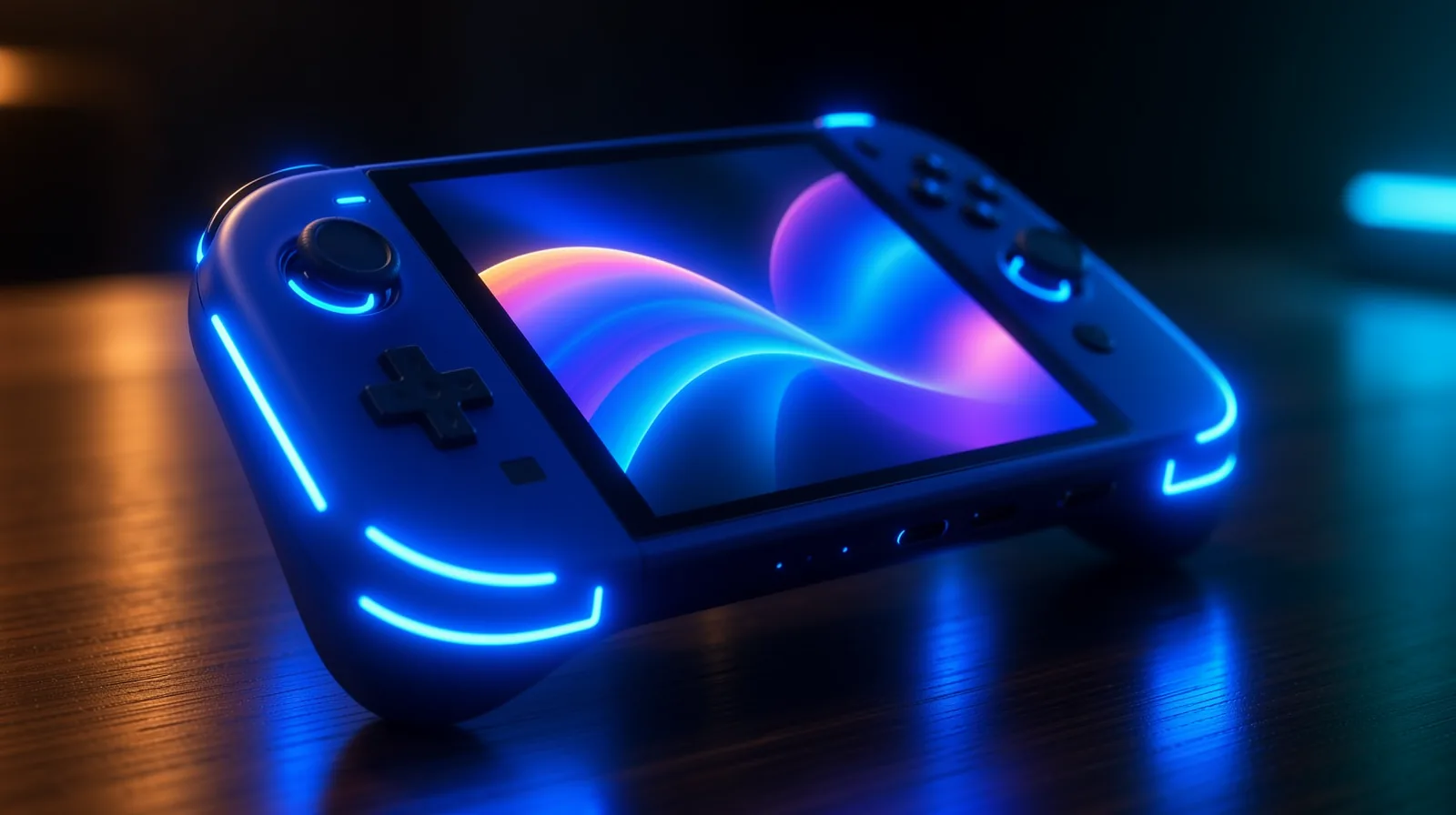A handheld gaming device sits on a wooden table, its sleek chassis illuminated by soft blue LED strips, hinting at hi...