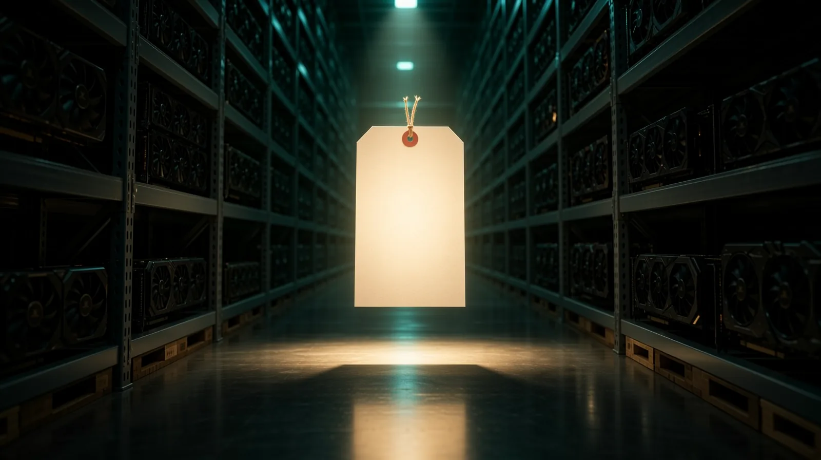 A dimly lit warehouse aisle lined with high‑end graphics cards, a single spotlight highlighting a price tag that glow...