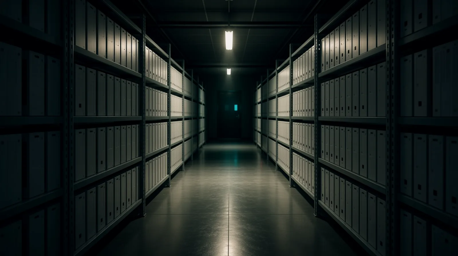 A dimly lit server room with rows of silent, white CPU cases stacked on metal shelves, a single overhead light castin...