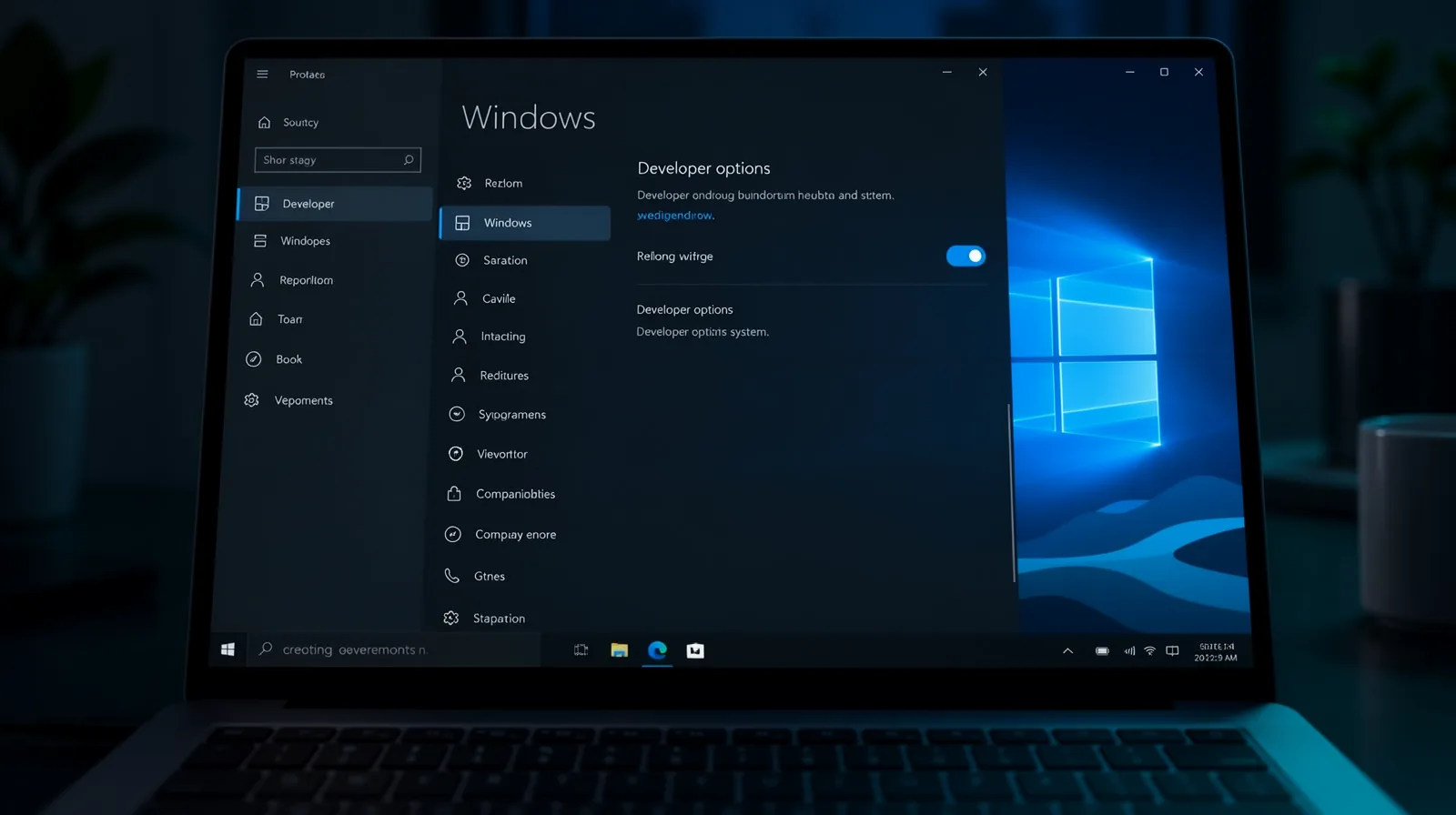 Écran des paramètres Windows faiblement éclairé montrant un nouveau commutateur intitulé « Enable Intel APX » dans les options développeur…