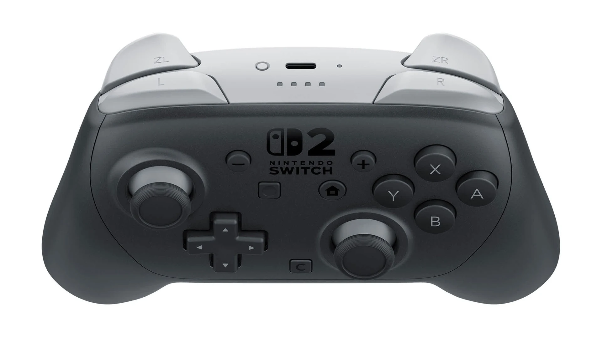 The Nintendo Switch Pro Controller is shown in a top-down view, highlighting its black color and the 'Nintendo Switch' logo on the front.
