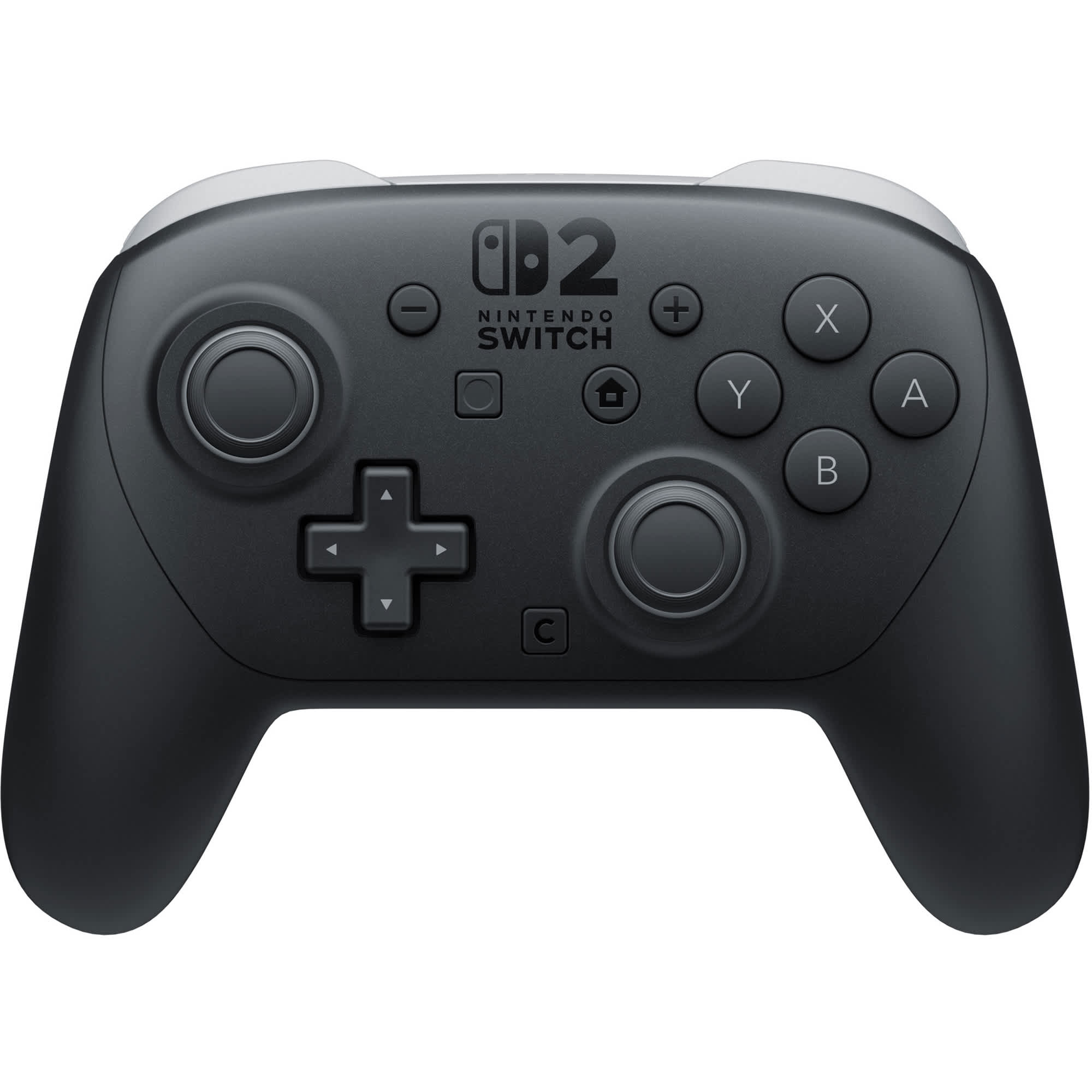 The Nintendo Switch Pro Controller is shown in a top-down view, highlighting its black matte finish and button layout.