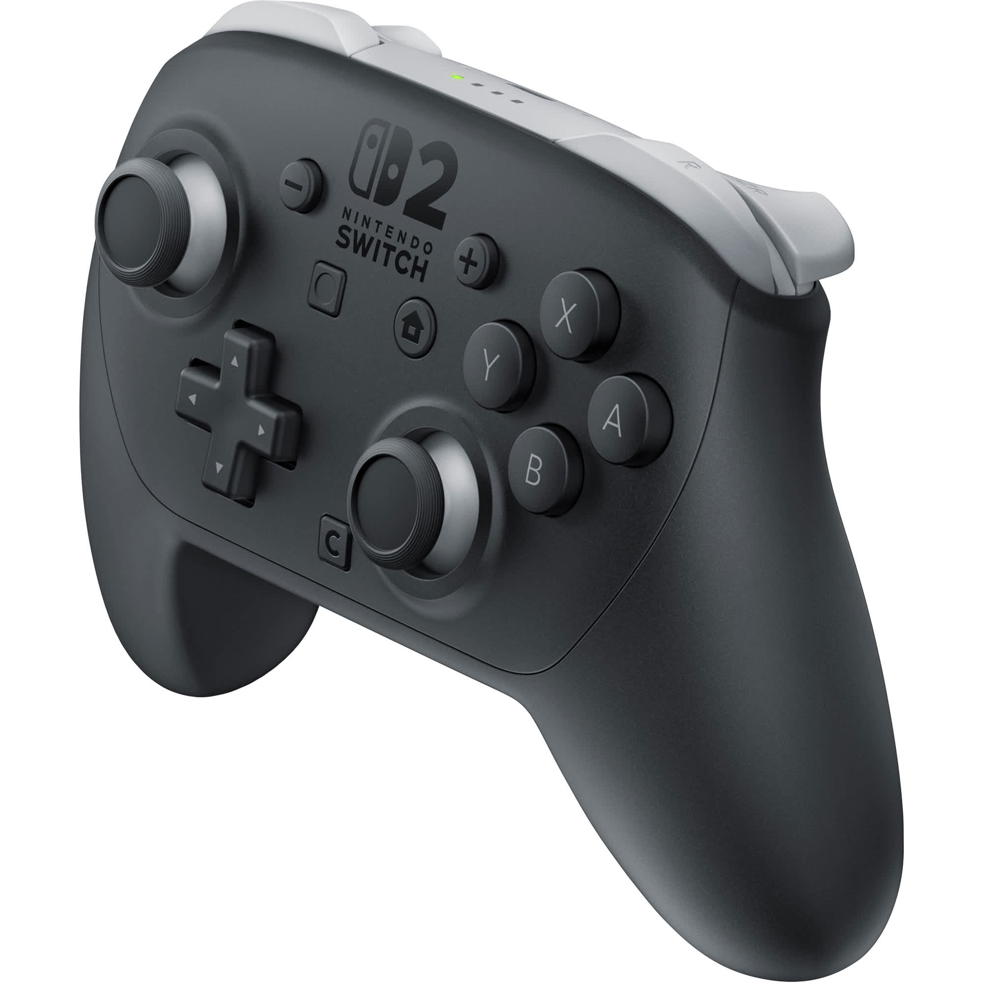 The Nintendo Switch Pro Controller is shown in a side profile, highlighting its black color and button layout.