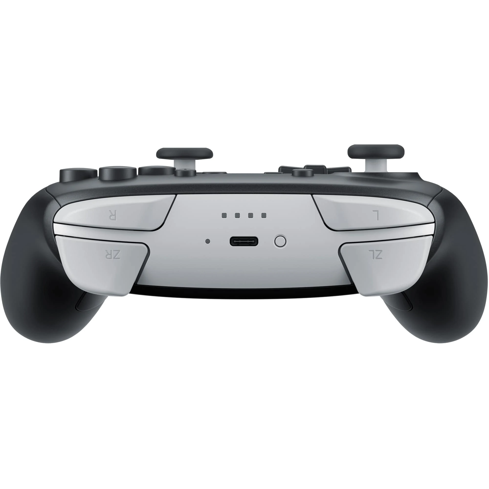 The image shows a Nintendo Switch Pro Controller in a side profile view, highlighting the analog sticks and buttons.