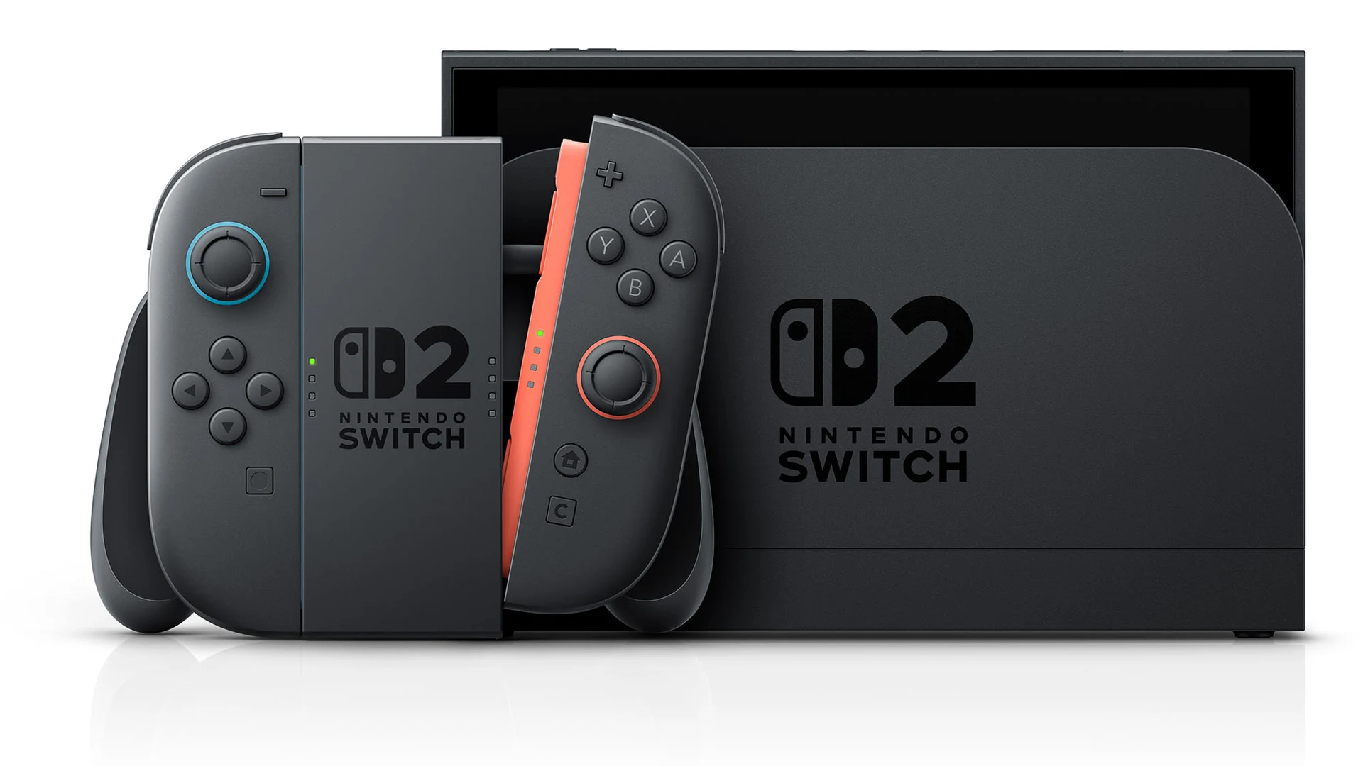 Nintendo Switch 2 Joy-Con 2 controllers in the grip beside the dark gray dock, front view