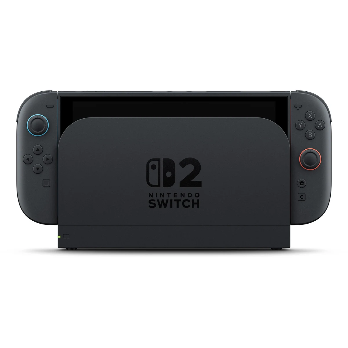 Nintendo Switch 2 console seated in its dock with both Joy-Con 2 controllers attached, front view