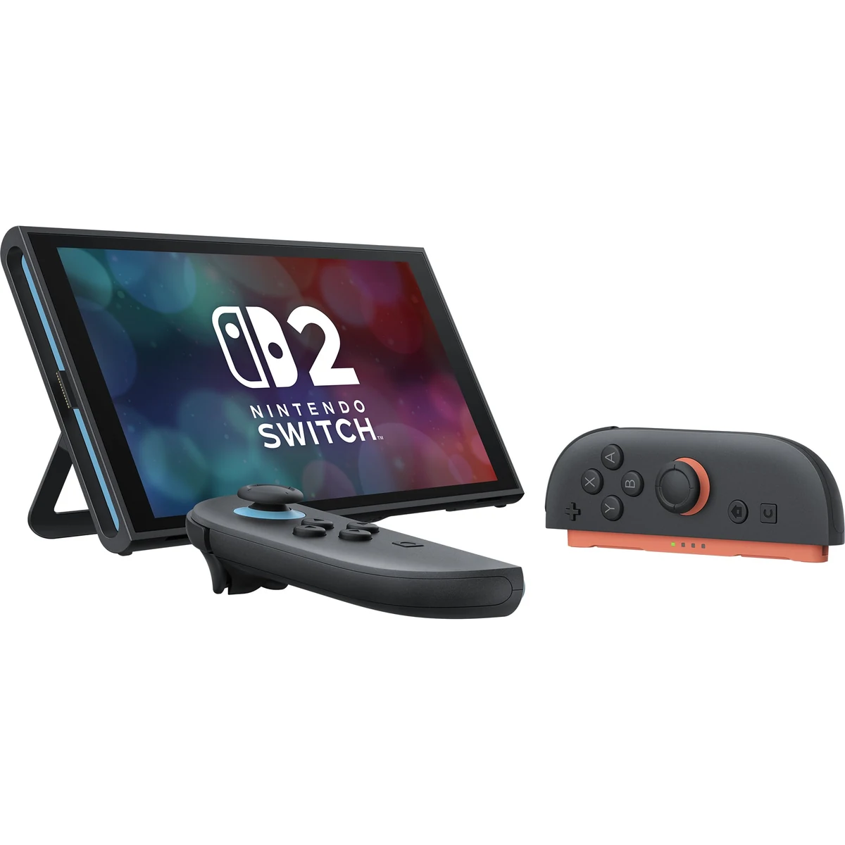 Nintendo Switch 2 in tabletop mode on its kickstand with the two Joy-Con 2 controllers detached in front