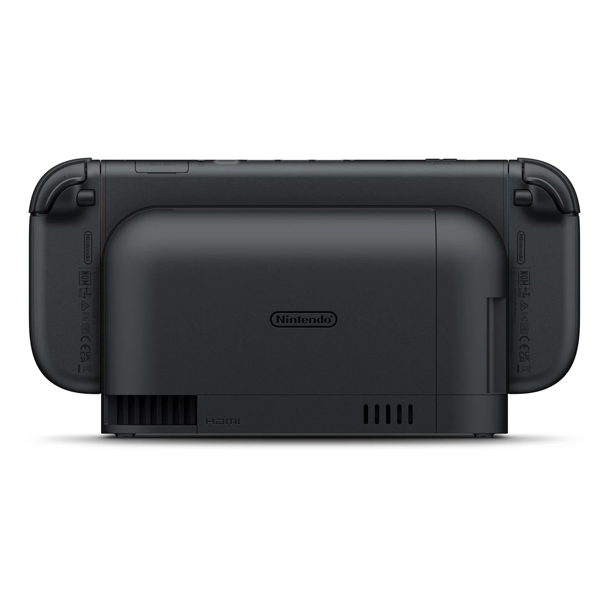 Back of the Nintendo Switch 2 dock with the console seated, showing the rear vents