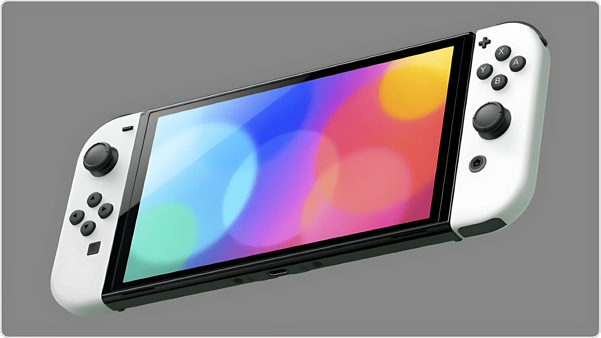 The Nintendo Switch OLED Model with White Joy-Con Controllers is shown in a side profile, highlighting its white color and black Joy-Con controllers.