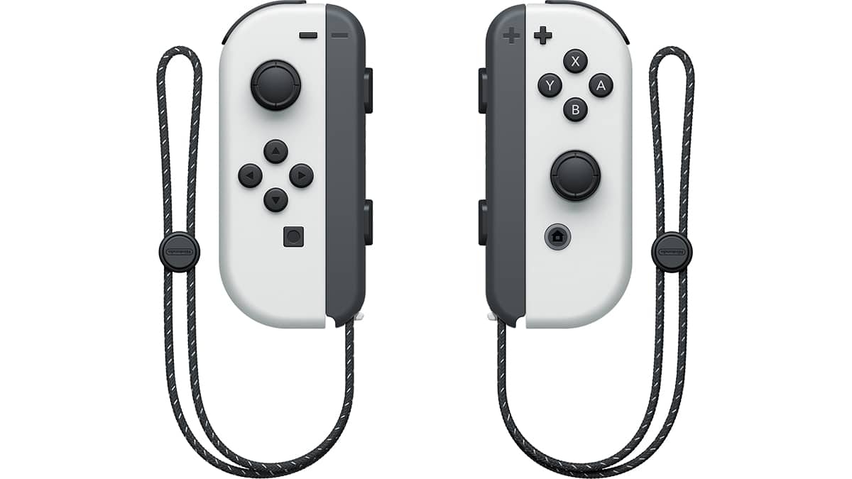 Two Nintendo Switch Joy-Con controllers with white and gray finishes, shown in a side profile.