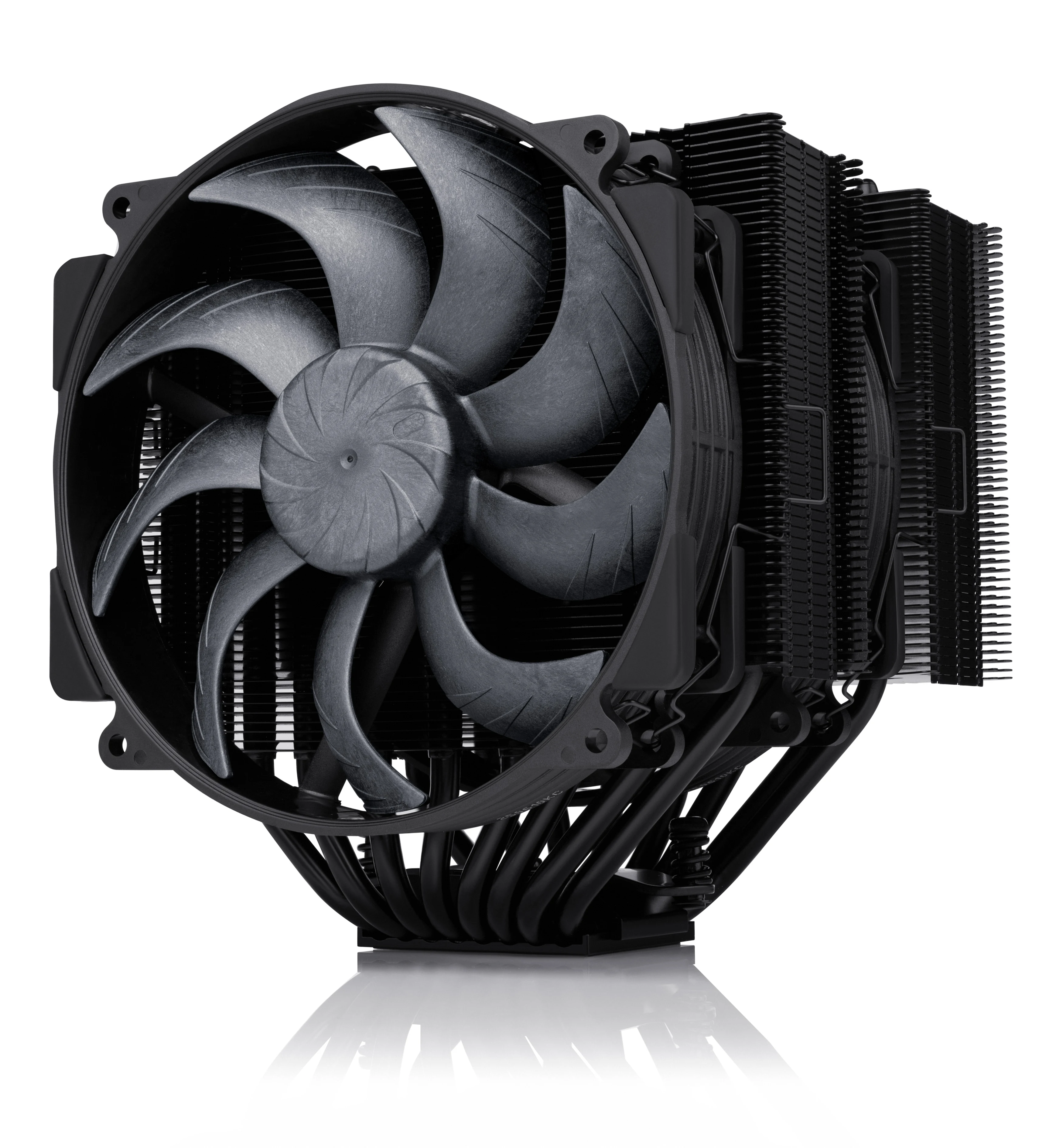 A black CPU cooler with a large fan and heat sink, photographed from the front.