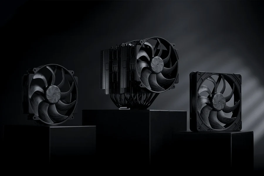 The image shows three Noctua NH-D15 G2 chromax.Black cooling fans arranged on black pedestals against a dark, smoky background.