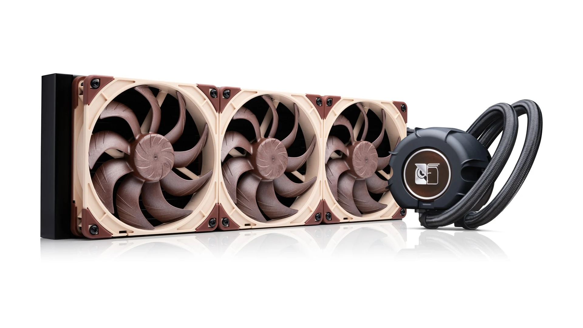 A side profile of a cooling product with three fans and a water block.
