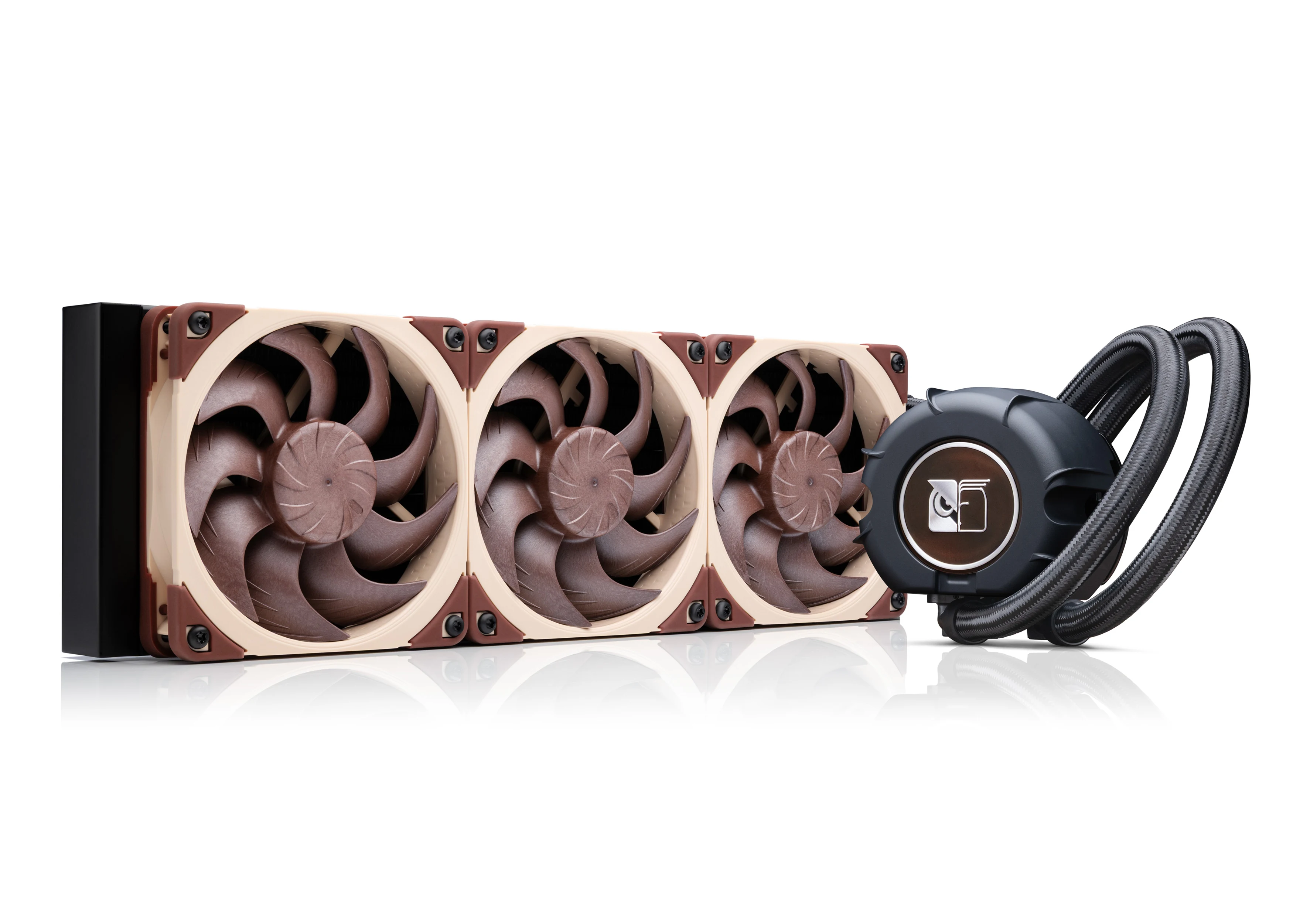 A cooling system with three fans and a pump, shown from the front.