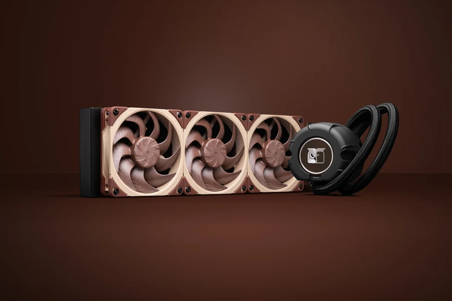 A side profile of a cooling system with three fans and a black pump.