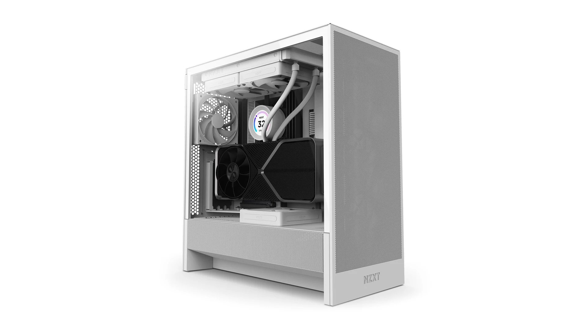 A white NZXT case with a side panel removed, revealing internal components including fans and cooling systems.