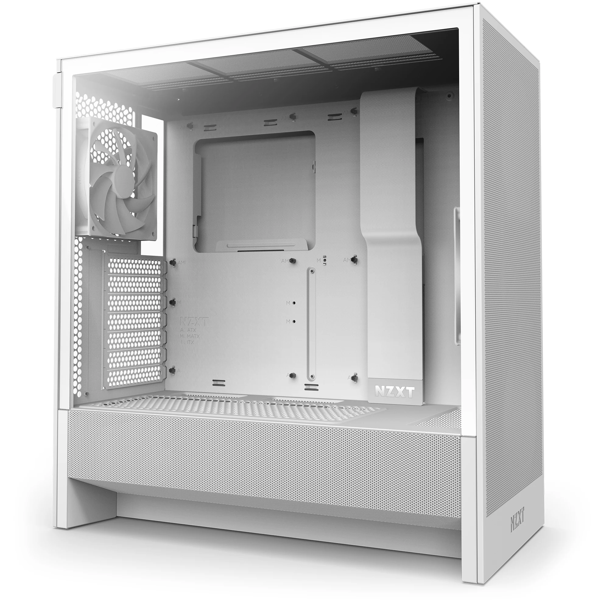 A white NZXT H5 Flow case viewed from the front, showcasing its interior and ventilation features.